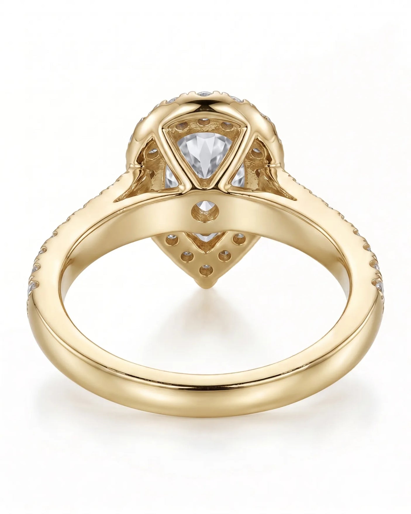 ROSE 1 carat F-colour pear natural diamond halo ring in 18K yellow gold, underside view of halo and pavé setting | SARATTI