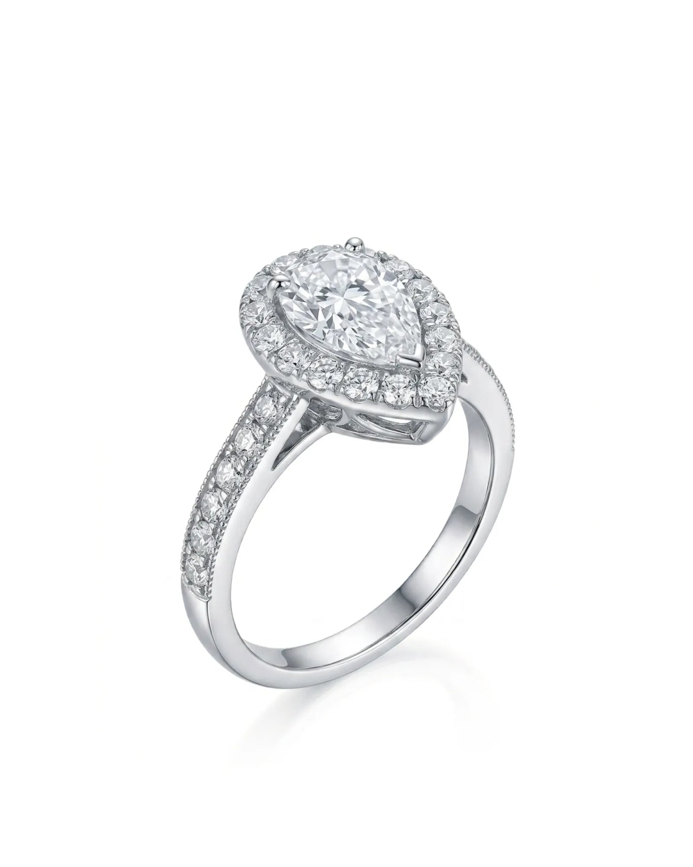 ROSE 1 carat F-colour pear natural diamond halo ring in platinum, 45-degree hero view | SARATTI