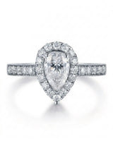 ROSE 1 carat F-colour pear natural diamond halo ring in platinum, front view of pear halo and pavé band | SARATTI