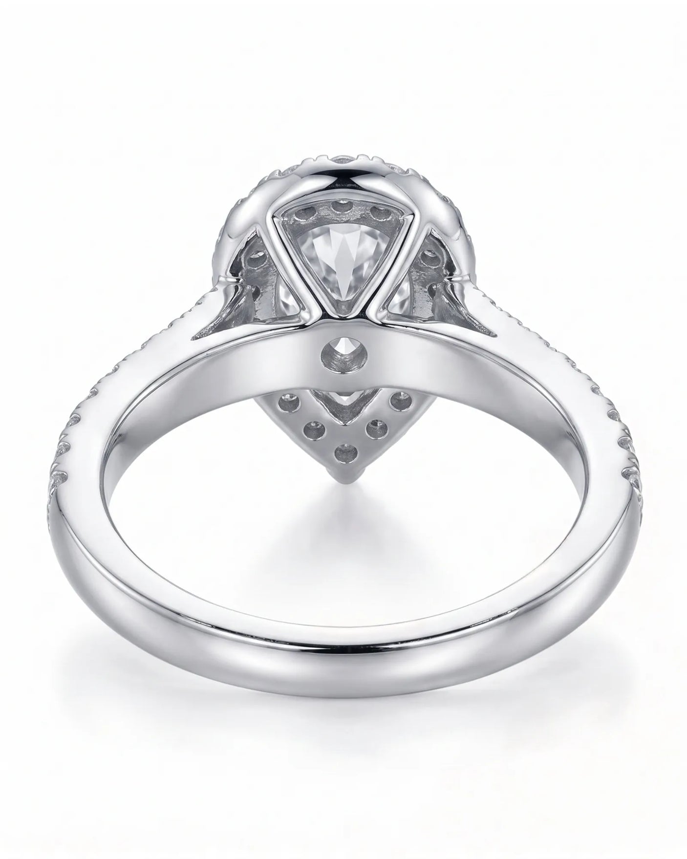 ROSE 1 carat F-colour pear natural diamond halo ring in platinum, underside view of halo and pavé setting | SARATTI