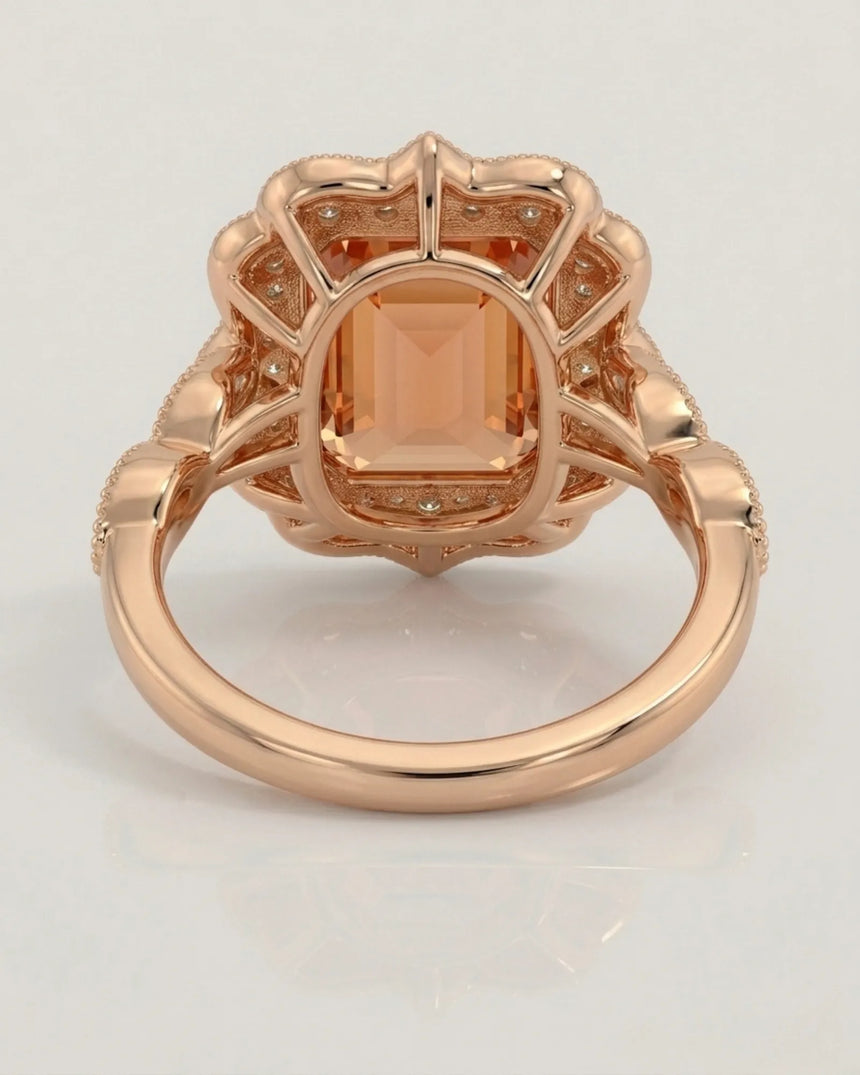 rose gold emerald cut Topaz halo setting with romantic shoulders - SARATTI