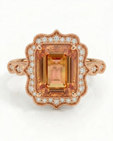 rose gold emerald cut Topaz halo setting with romantic shoulders | SARATTI
