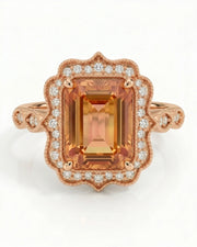 rose gold emerald cut Topaz halo setting with romantic shoulders | SARATTI