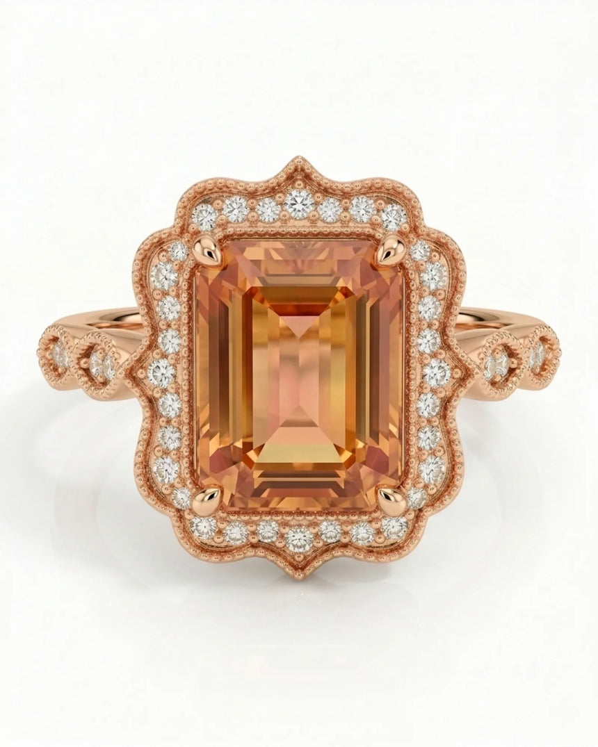 rose gold emerald cut Topaz halo setting with romantic shoulders | SARATTI
