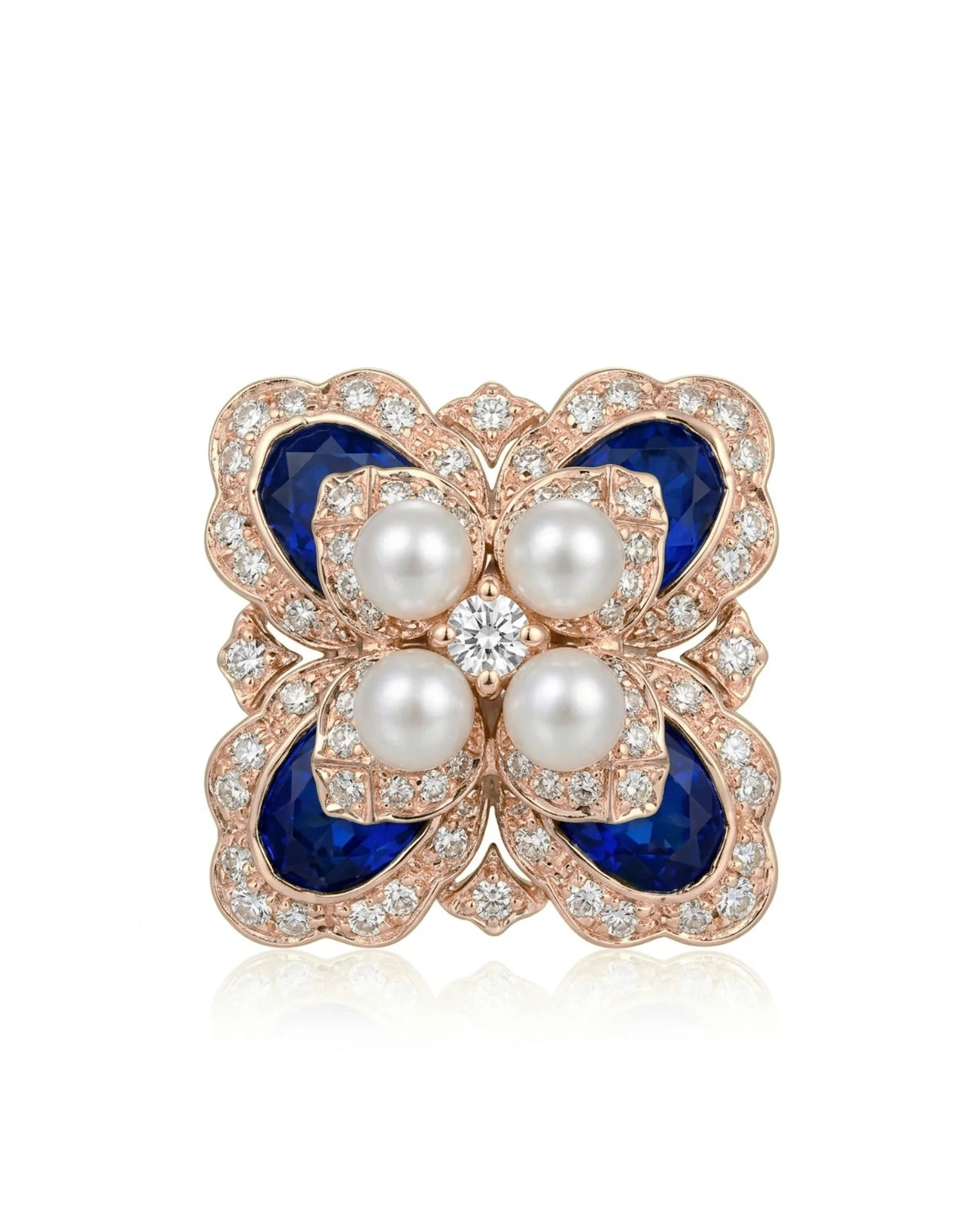18K rose gold natural blue sapphire Akoya pearl diamond floral earrings front view | SARATTI
