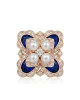 18K rose gold natural blue sapphire Akoya pearl diamond floral earrings front view | SARATTI