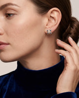 Rose gold sapphire Akoya pearl natural diamond floral stud earrings on model | SARATTI