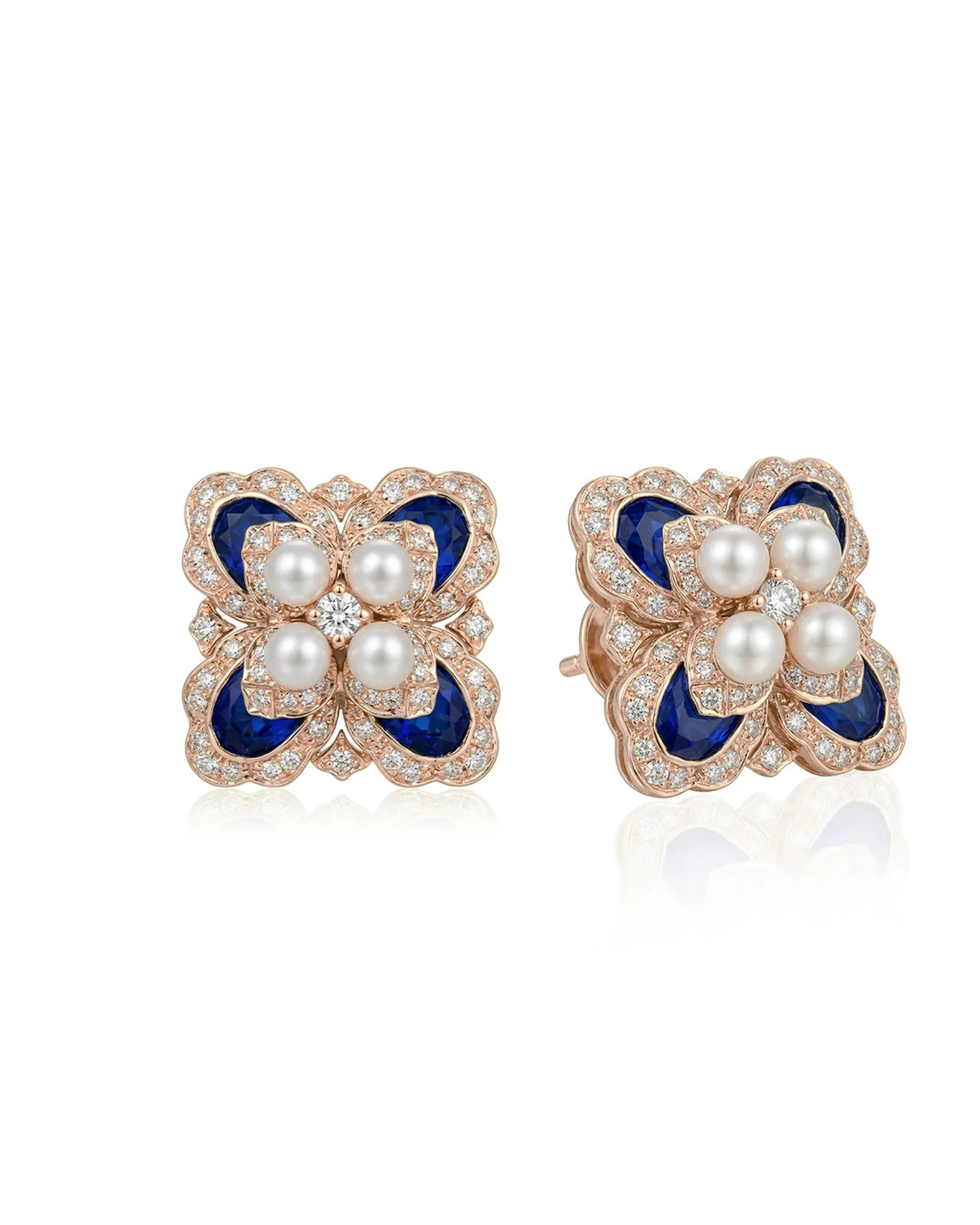 Pair of 18K rose gold blue sapphire Akoya pearl diamond stud earrings | SARATTI