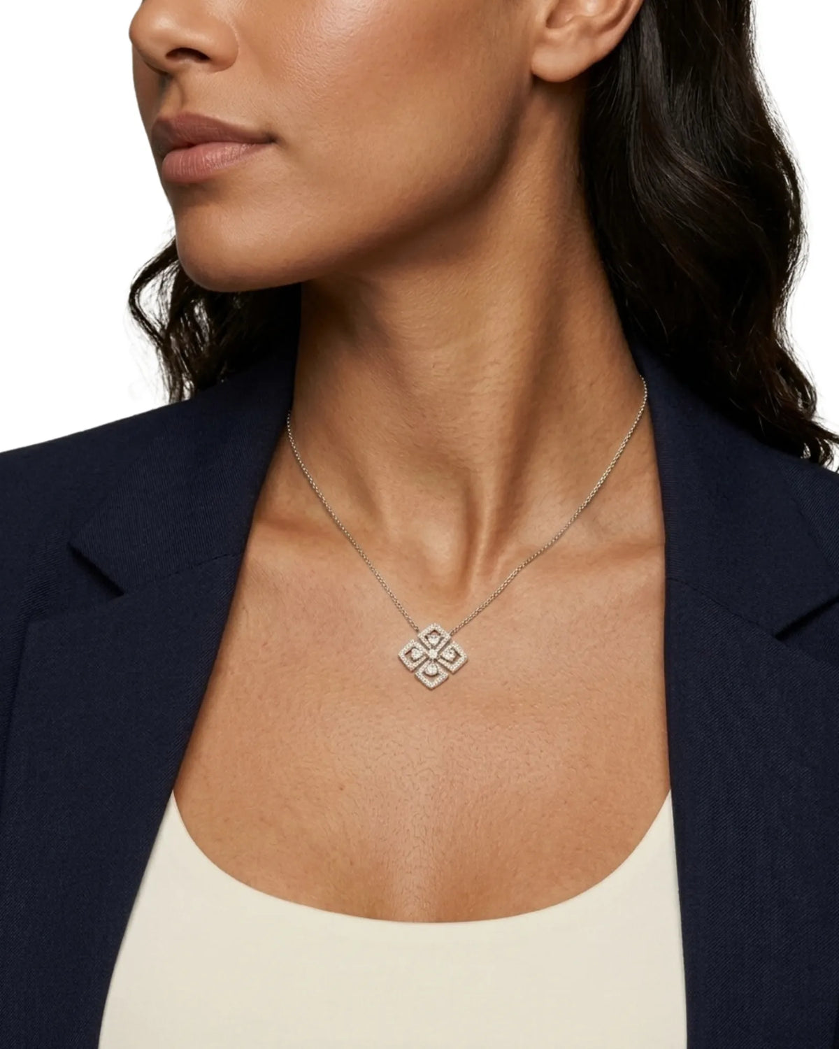 round Diamond center pendant necklace with diamond border detail in 18K White Gold | SARATTI