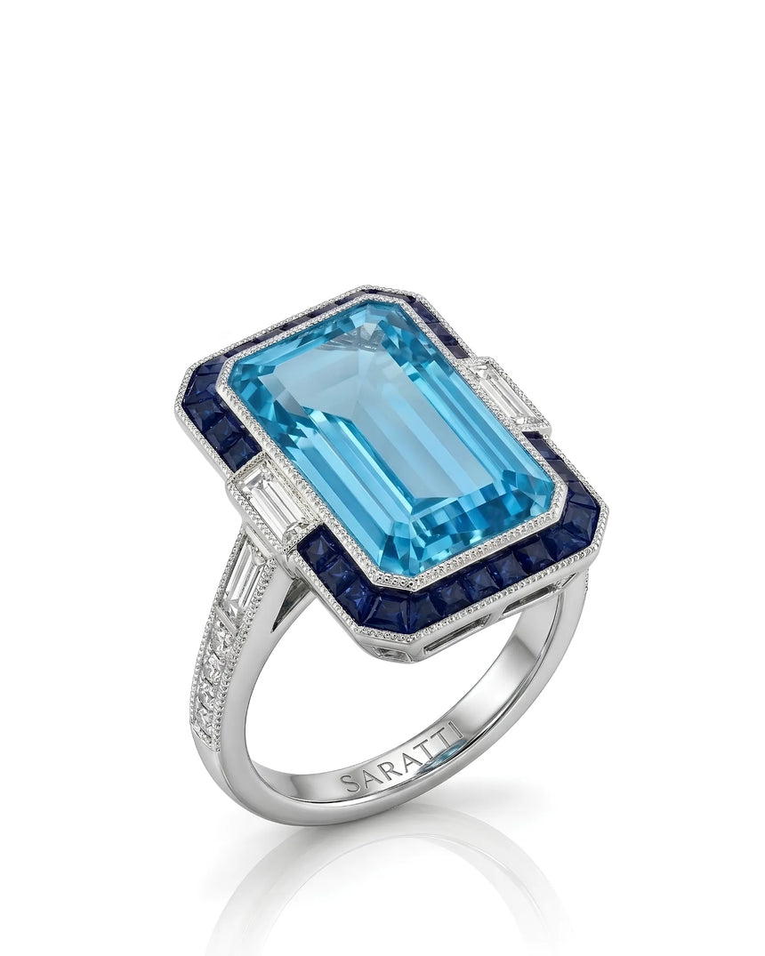 Saphira Line emerald-cut Aquamarine sapphire halo diamond ring setting in Platinum, 45-degree view | SARATTI