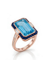 Saphira Line emerald-cut Aquamarine sapphire halo diamond ring setting in rose gold, 45-degree view | SARATTI