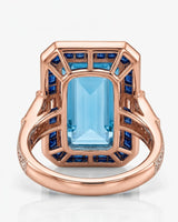 Saphira Line emerald-cut Aquamarine ring setting in rose gold, underside showing geometric sapphire gallery and split shoulder construction | SARATTI