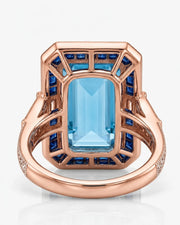 Saphira Line emerald-cut Aquamarine ring setting in rose gold, underside showing geometric sapphire gallery and split shoulder construction | SARATTI