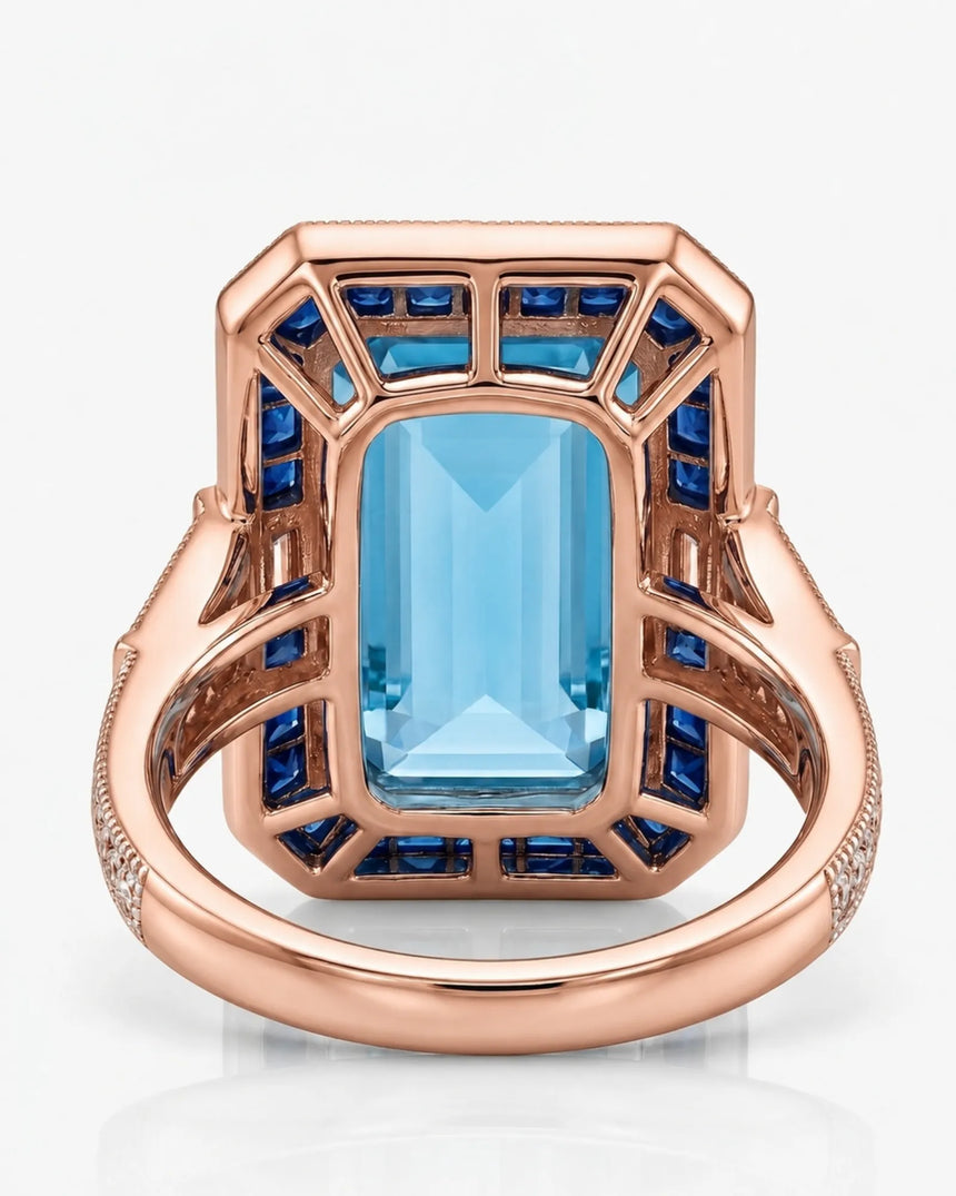 Saphira Line emerald-cut Aquamarine ring setting in rose gold, underside showing geometric sapphire gallery and split shoulder construction | SARATTI
