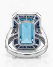 Saphira Line emerald-cut Aquamarine ring setting in white gold, underside showing geometric sapphire gallery and split shoulder construction | SARATTI