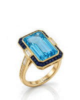 Saphira Line emerald-cut Aquamarine sapphire halo diamond ring setting in yellow gold, 45-degree view | SARATTI