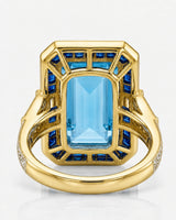 Saphira Line emerald-cut Aquamarine ring setting in yellow gold, underside showing geometric sapphire gallery and split shoulder construction | SARATTI