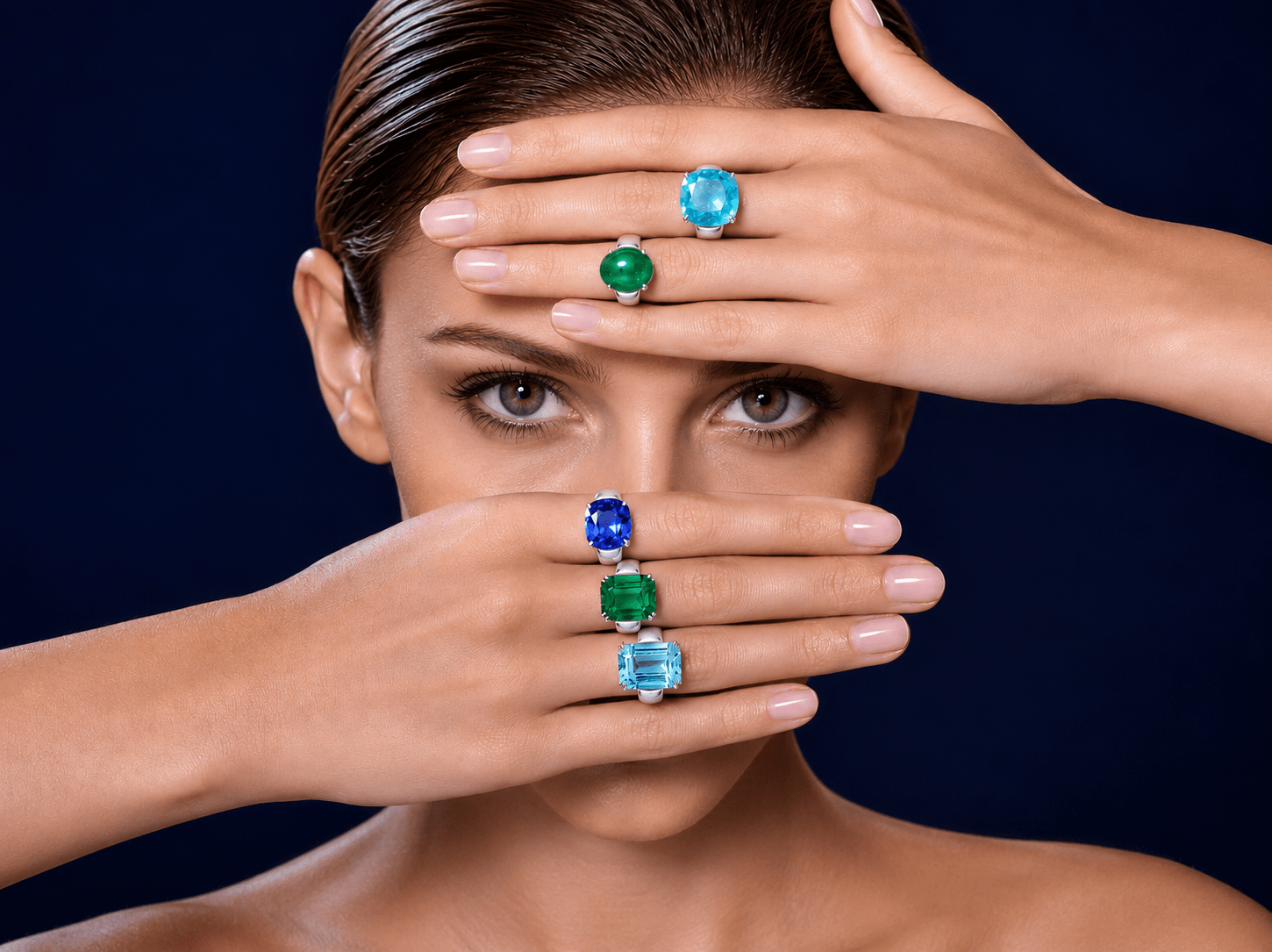 Model wearing SARATTI coloured gemstone fine jewelry