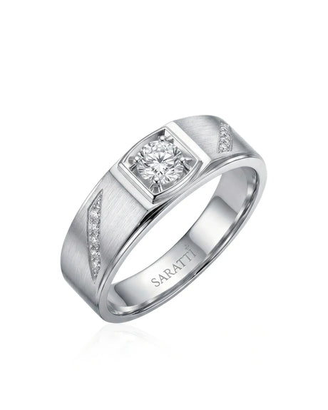 Seika Sublime Diamond Ring in 18K white gold, 45-degree view of the refined geometric natural diamond men’s wedding ring | SARATTI