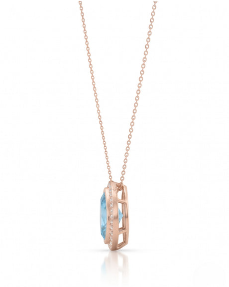 LUMÉA marquise cut Aquamarine diamond halo pendant necklace in White Gold, side profile | SARATTI