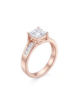 SIENA 1 carat princess-cut natural diamond engagement ring in 18K rose gold, 45-degree view with channel-set princess diamond shoulders | SARATTI