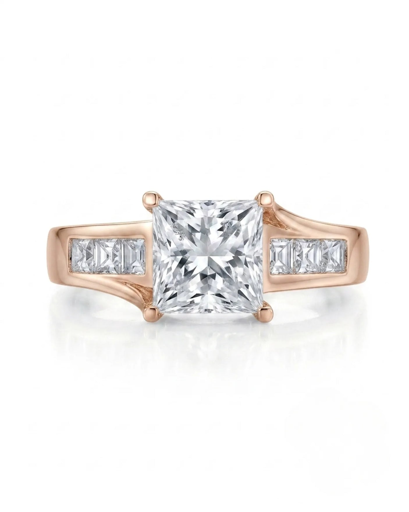 SIENA 1 carat princess-cut natural diamond engagement ring in 18K rose gold, front view of split shoulders and princess side diamonds | SARATTI