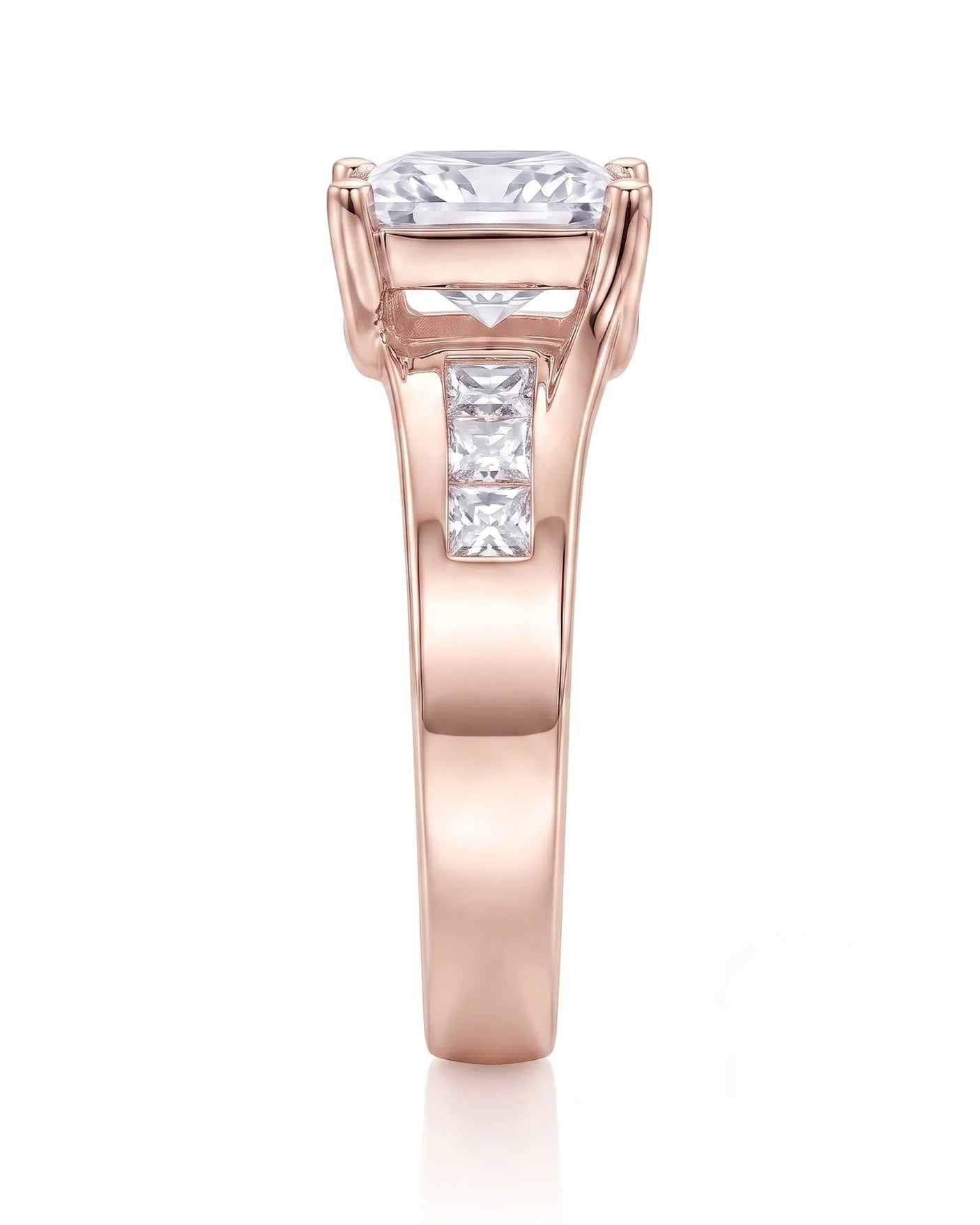 SIENA 1 carat princess-cut natural diamond engagement ring in 18K rose gold, side profile showing four-prong crown and sculpted split shank | SARATTI