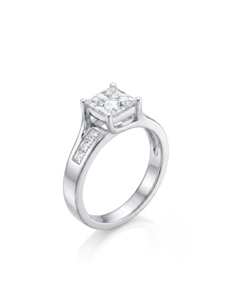 SIENA 1 carat princess-cut natural diamond engagement ring in 18K white gold, 45-degree view with channel-set princess diamond shoulders | SARATTI