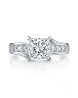 SIENA 1 carat princess-cut natural diamond engagement ring in 18K white gold, front view of split shoulders and princess side diamonds | SARATTI