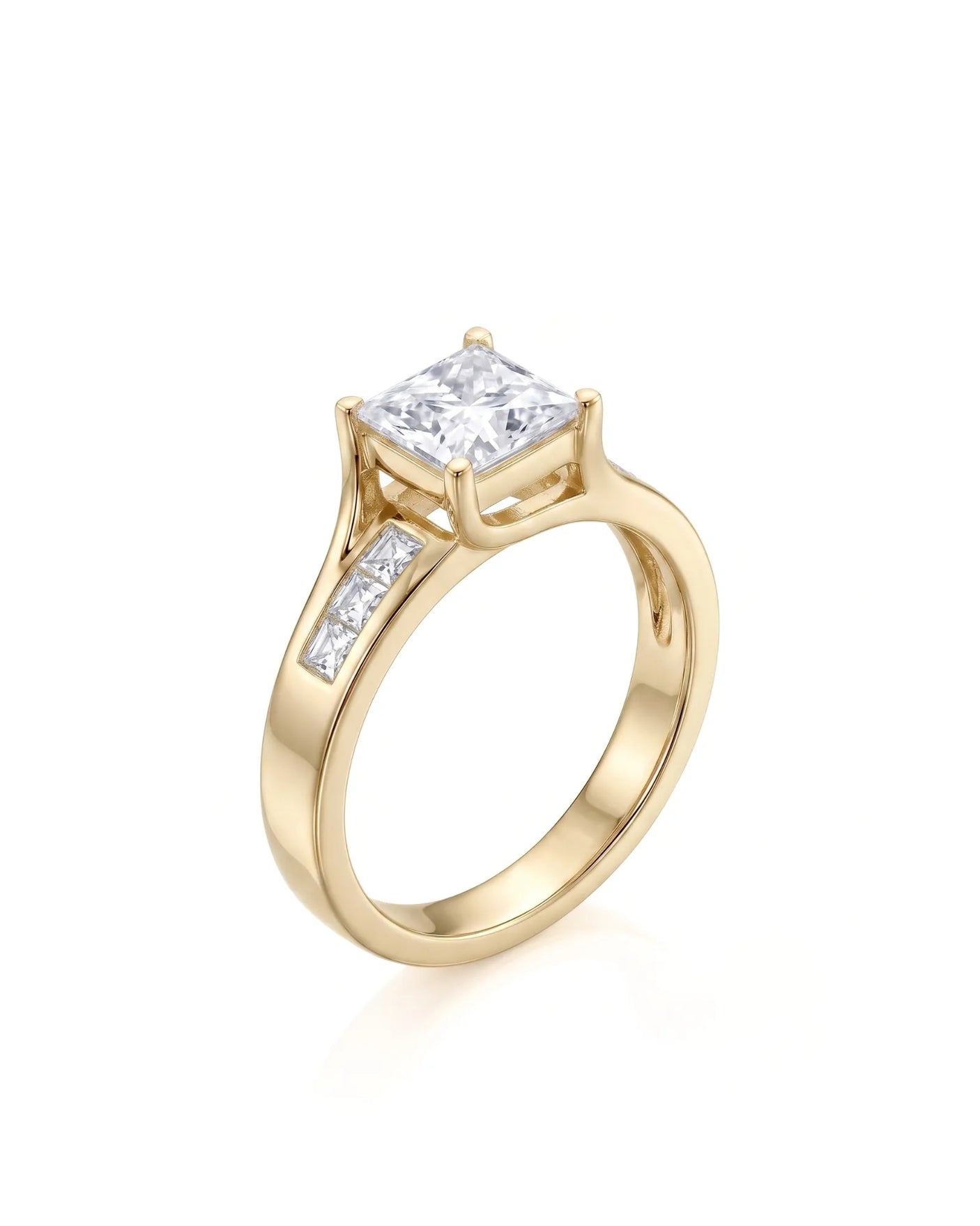 SIENA 1 carat princess-cut natural diamond engagement ring in 18K yellow gold, 45-degree view with channel-set princess diamond shoulders | SARATTI