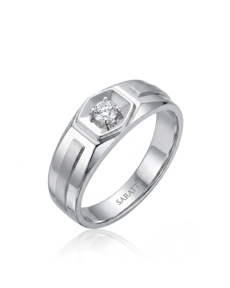Six Paths Diamond Ring in 18K white gold, 45-degree view of the six-sided hexagonal natural diamond men’s wedding ring | SARATTI