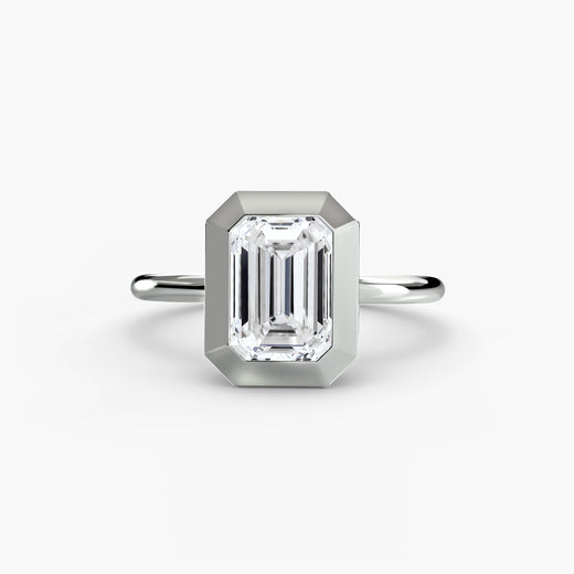SOLARA Emerald Cut bezel-set solitaire ring setting in White Gold | SARATTI