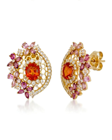 SOLARA natural Spessartine Garnet and Tourmaline earrings in 18K Yellow Gold front view | SARATTI