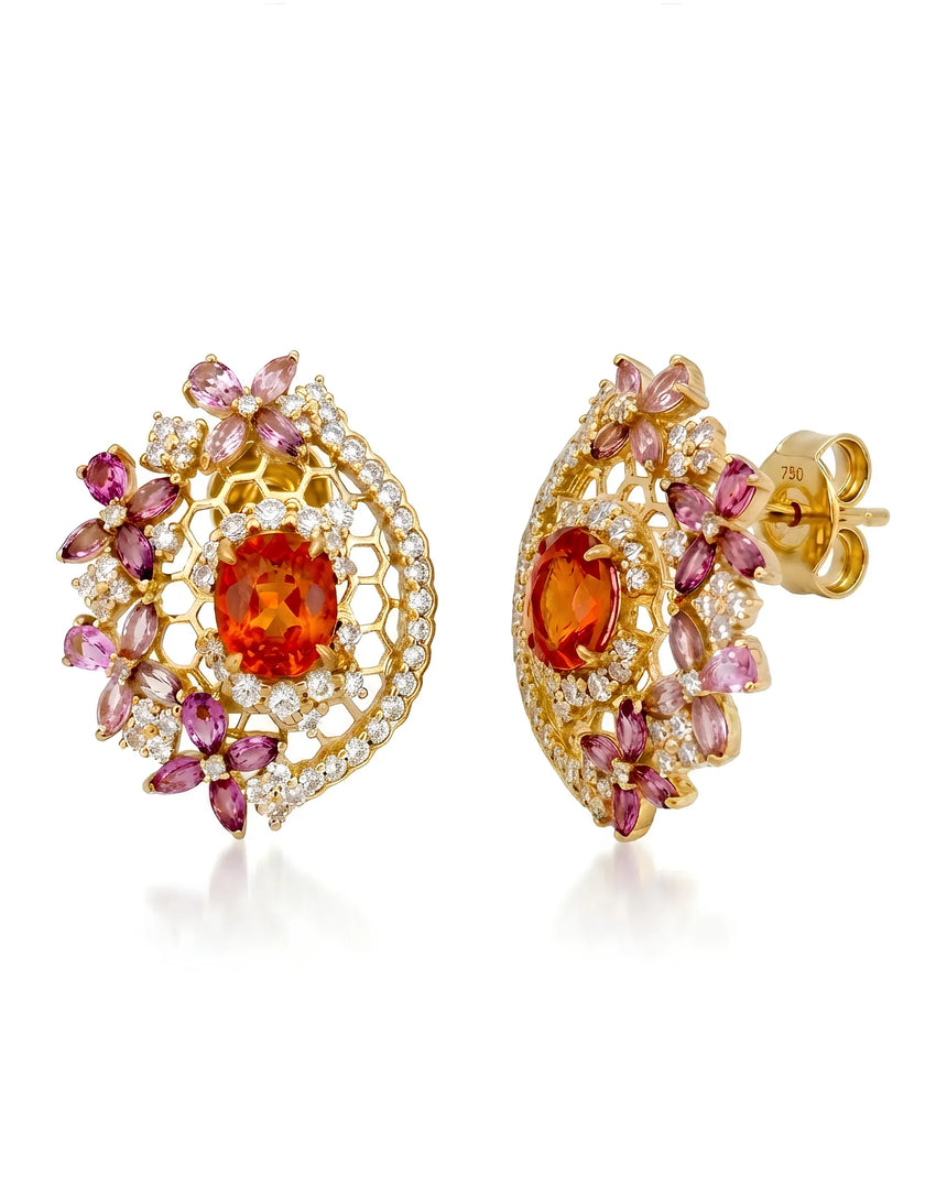 SOLARA natural Spessartine Garnet and Tourmaline earrings in 18K Yellow Gold front view | SARATTI