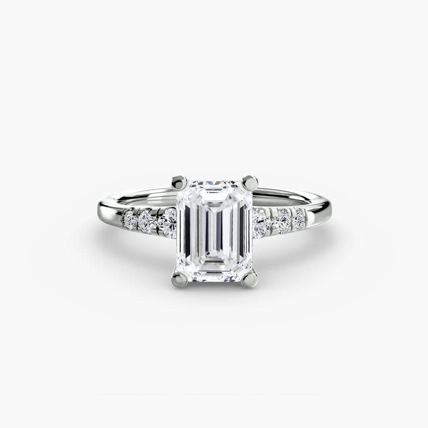 SOLENNE Emerald Cut six-stone shoulder accent solitaire ring setting in 950 Platinum | SARATTI