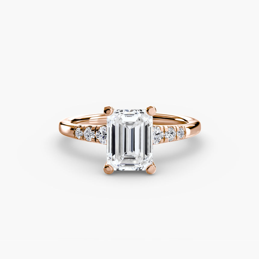 SOLENNE Emerald Cut six-stone shoulder accent solitaire ring setting in Rose Gold | SARATTI
