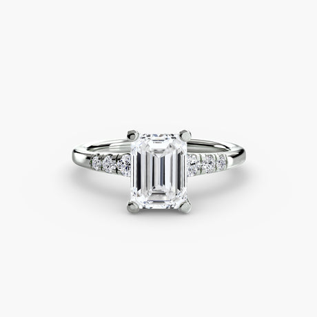 SOLENNE Emerald Cut six-stone shoulder accent solitaire ring setting in White Gold | SARATTI