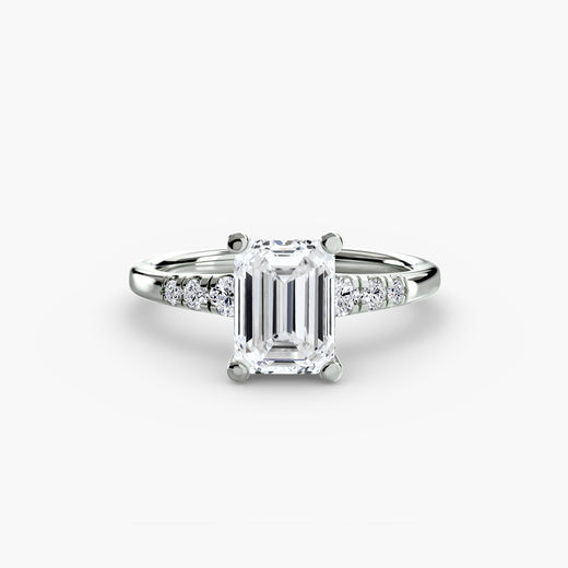 SOLENNE Emerald Cut six-stone shoulder accent solitaire ring setting in White Gold | SARATTI