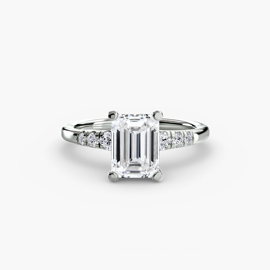 SOLENNE Emerald Cut six-stone shoulder accent solitaire ring setting in White Gold | SARATTI