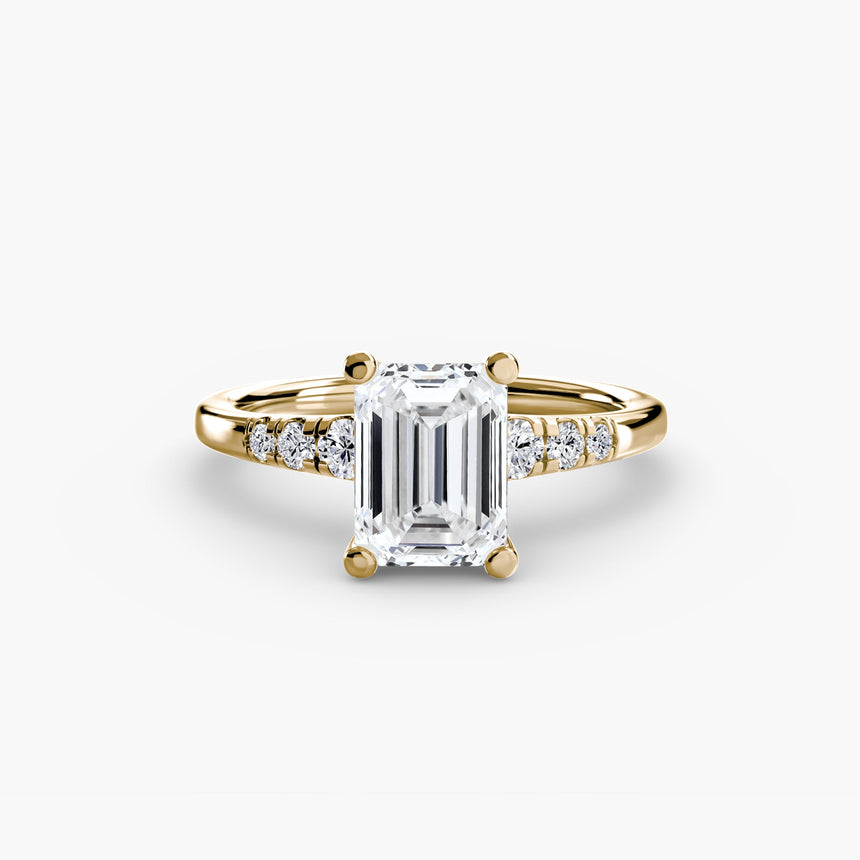 SOLENNE Emerald Cut six-stone shoulder accent solitaire ring setting in Yellow Gold | SARATTI