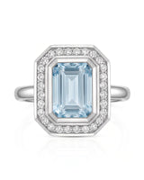Solenne Halo emerald cut Aquamarine diamond cathedral ring setting in Platinum, front view | SARATTI