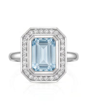 Solenne Halo emerald cut Aquamarine diamond cathedral ring setting in Platinum, front view | SARATTI