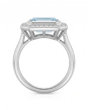Solenne Halo emerald cut Aquamarine diamond cathedral ring setting in Platinum, profile view | SARATTI