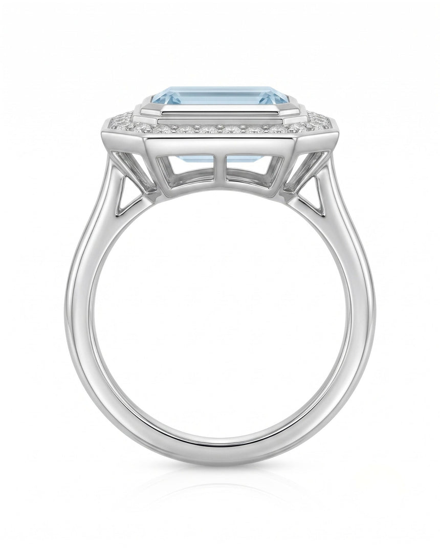Solenne Halo emerald cut Aquamarine diamond cathedral ring setting in Platinum, profile view | SARATTI