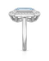 Solenne Halo emerald cut Aquamarine diamond cathedral ring setting in Platinum, side view | SARATTI