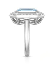 Solenne Halo emerald cut Aquamarine diamond cathedral ring setting in Platinum, side view | SARATTI