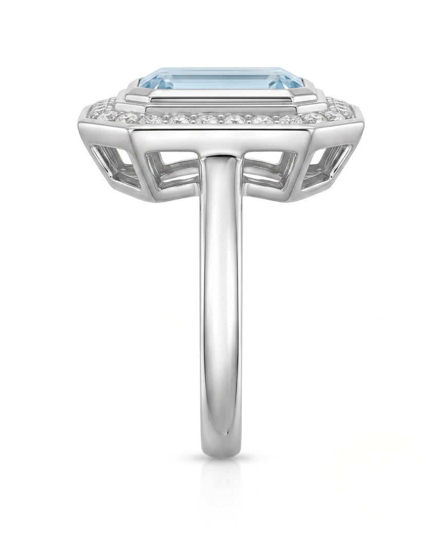 Solenne Halo emerald cut Aquamarine diamond cathedral ring setting in Platinum, side view | SARATTI