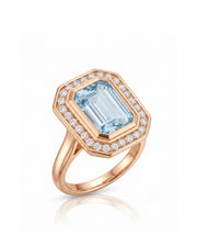 Solenne Halo emerald cut Aquamarine diamond cathedral ring setting in rose gold, 45-degree view | SARATTI