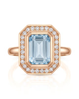 Solenne Halo emerald cut Aquamarine diamond cathedral ring setting in rose gold, front view | SARATTI