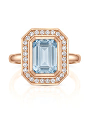 Solenne Halo emerald cut Aquamarine diamond cathedral ring setting in rose gold, front view | SARATTI